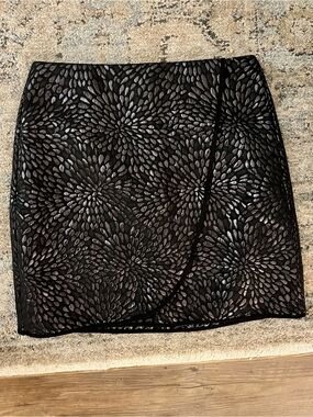 LOFT Black Mini Skirt with Silver Floral Metallic Overlay